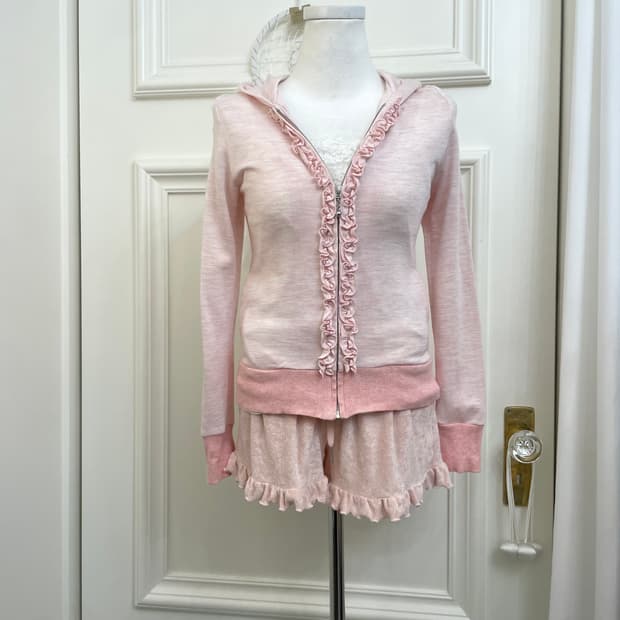 cute pink ruffle hoodie-zip&white lace s
