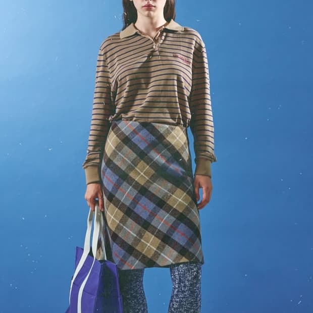 문선 스쿨 체크 스커트 브라운