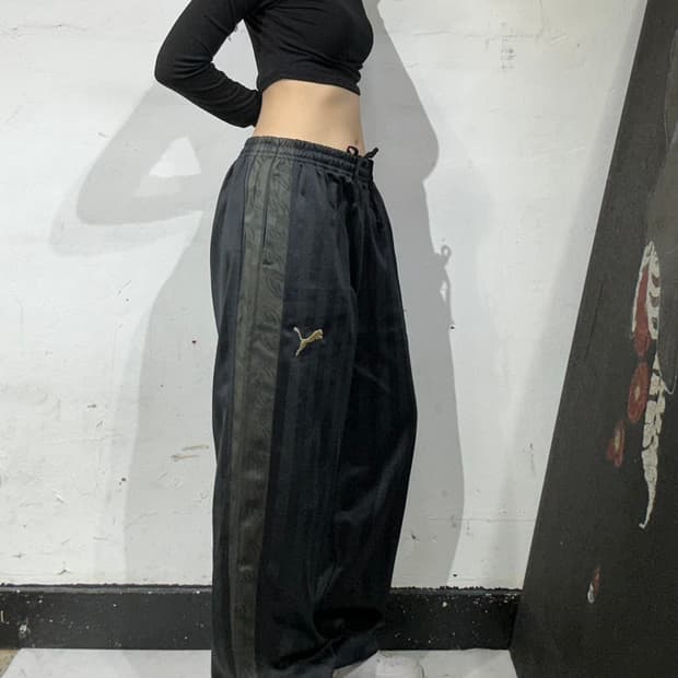 푸마 블랙 사이드 라인 댄스 추리닝 트레이닝 와이드 팬츠 M