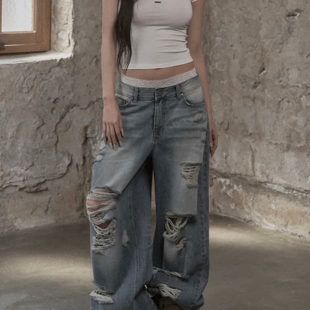 카키포인트 바지 rough cut wide denim 블루