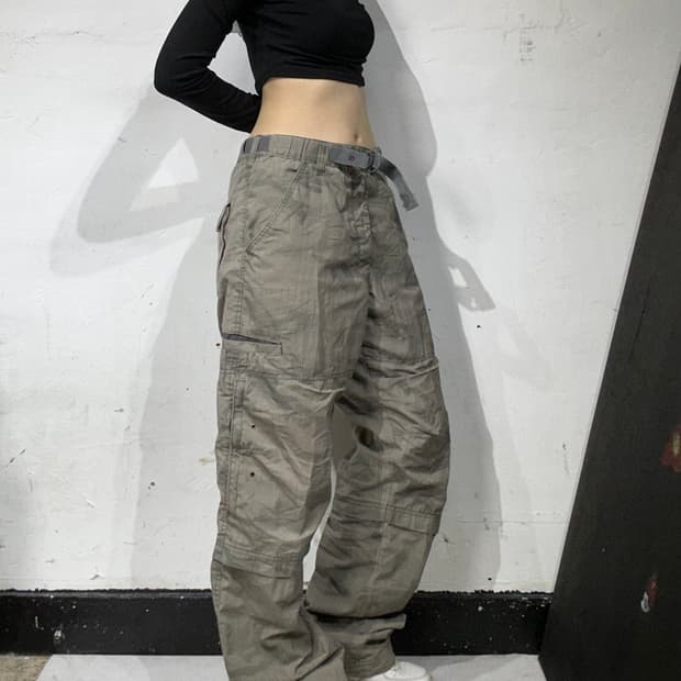 일본 빈티지 베이지 유틸리티 무릎 절개 카모 와이드 카고 팬츠  