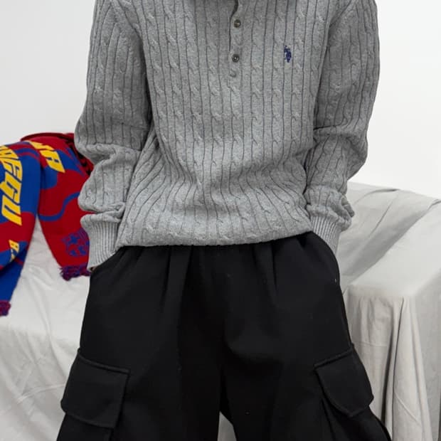 U.S POLO ASSN 폴로 에센 그레이 케이블 니트 XL