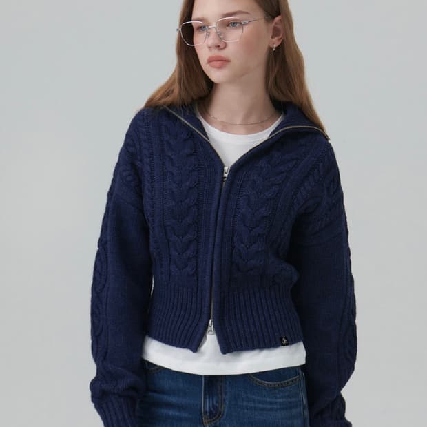 시티브리즈 울 케이블 니트 집업 가디건_NAVY