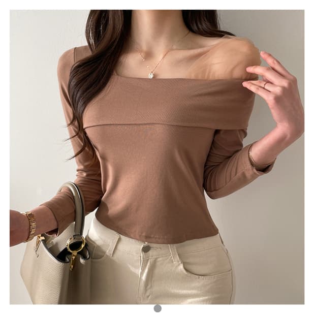 오프숄더 시스루 레이스 쉬폰 딱붙 브라운 긴팔티셔츠
