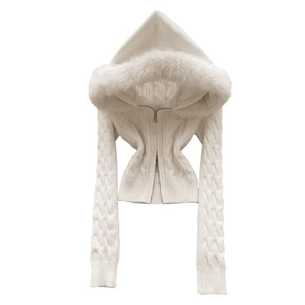 히메갸루🤍퍼 후드 케이블 슬림 크롭 니트집업