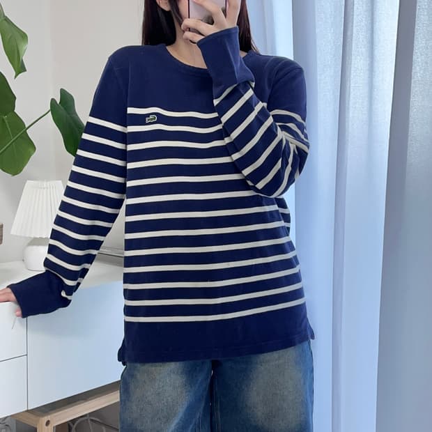 [정품] 라코스테 네이비 단가라 와플 긴팔티 [ M ]