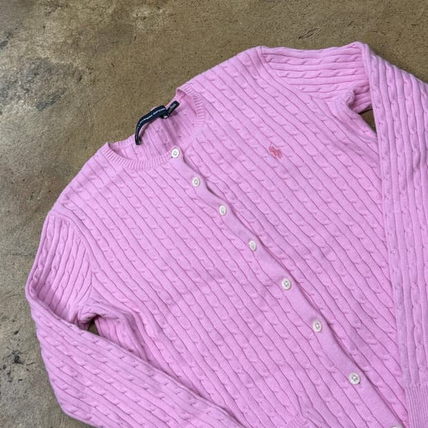 폴로 랄프로렌 스포츠 딸기우유 핑크 꽈배기 니트 가디건