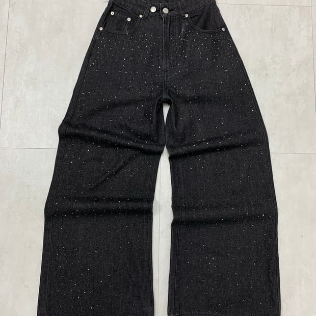 큐빅 디테일 와이드 데님 팬츠 #185