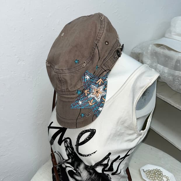 빈티지 스타 프린팅 밀리터리 캡