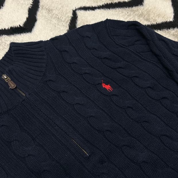 폴로 케이블 니트 집업 네이비
