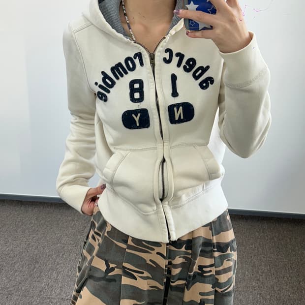 Abercrombie 아베크롬비 스펠아웃 네이비 로고 화이트 후드집업