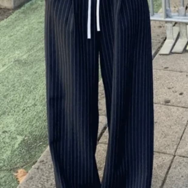 에이블리 슬로위드 새거급 옆지퍼 배색 스트라이프 와이드 팬츠