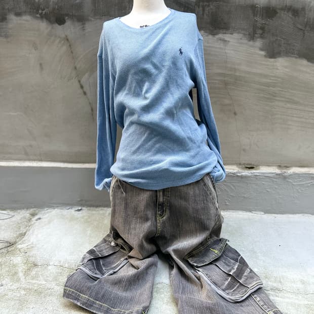 Vtg 폴로 하늘색 와플 니트 롱슬리브