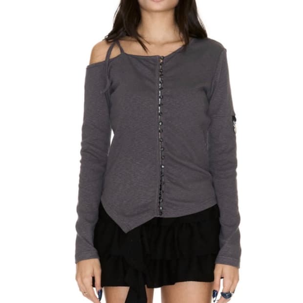 쎄쎄쎄 원숄더 버튼 차콜 롱 슬리브 가디건