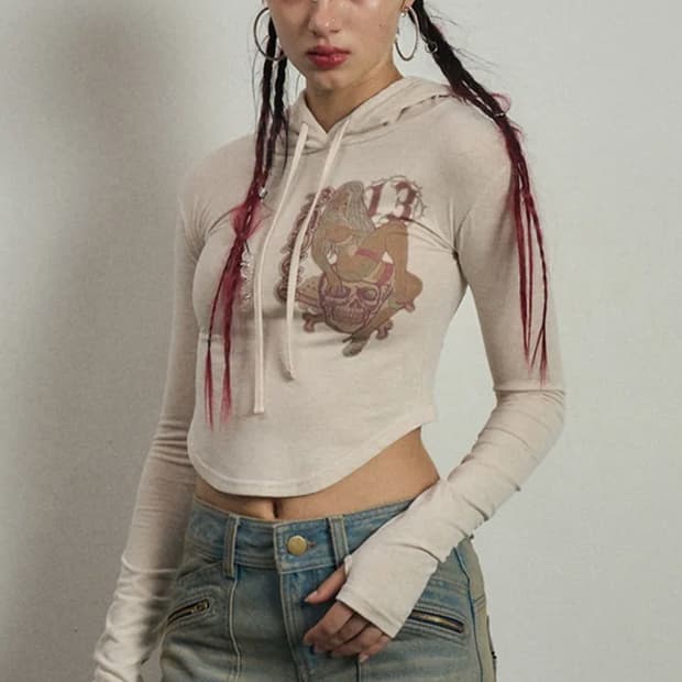 배디 후드 크롭 티셔츠  오트밀