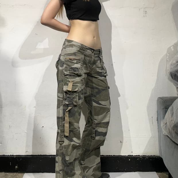 일본 빈티지 카키 카모 와이드 멀티 포켓 카고 팬츠 