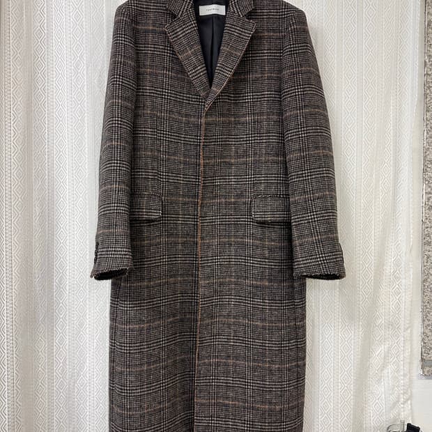 (M)토니웩 크루도 커팅 체크 울 코트 브라운