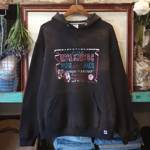 90s 러셀 후드 빈티지 스웻셔츠 썬페이딩 블랙 M