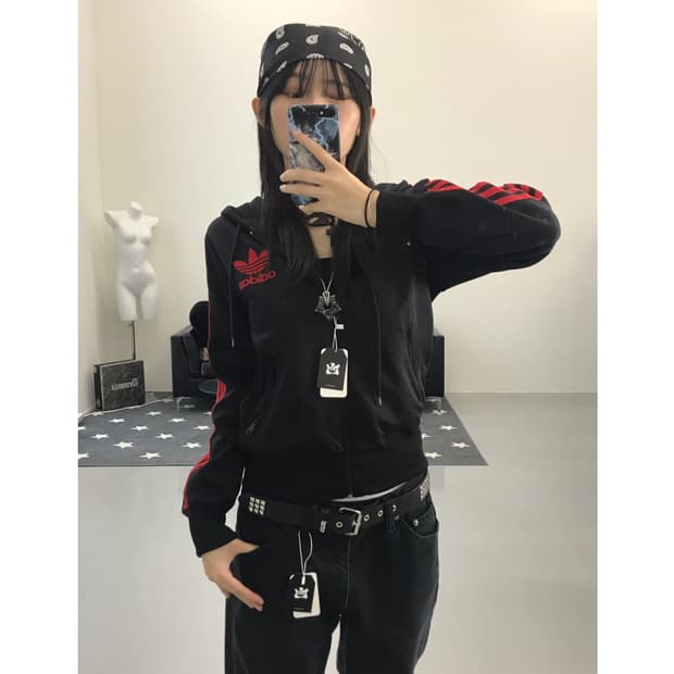 Adidas Black & Red Firebird Zip Up Hood