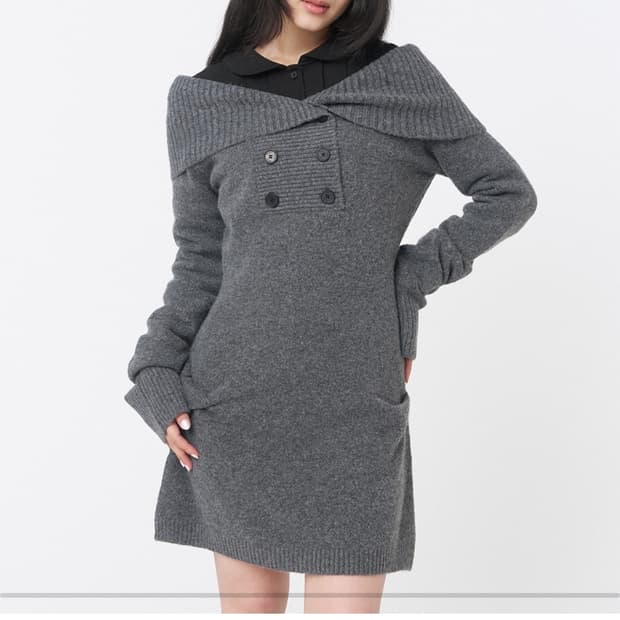 미세키서울 더블 니트 버튼 원피스 다크그레이