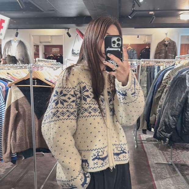 빈티지 노르딕 울 그런다 블루 패턴 니트 집업 가디건 F