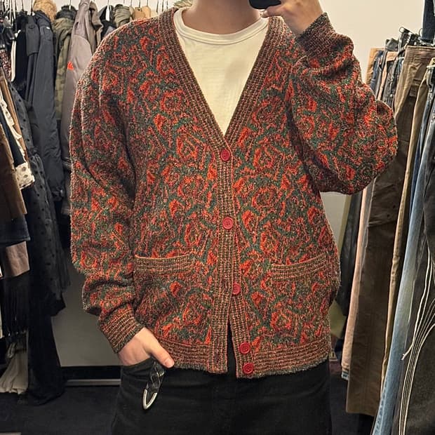 올드 컨트리 주황 오렌지 레드 당근 패턴 브이넥 니트 루즈 가디건 에스닉