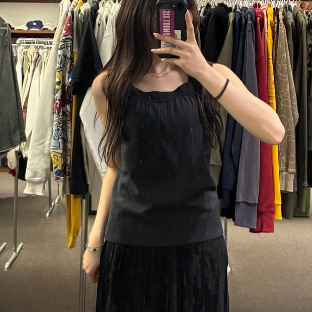 L)Japanese vintage 여성 레이스 셔링 블랙 나시