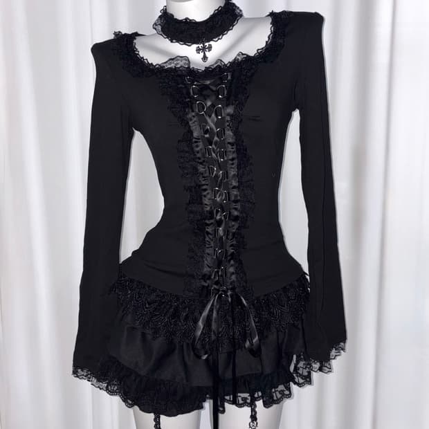 [black swan] 레이스 코르셋 고딕 펑크 고스 쿠로 갸루 블라우스