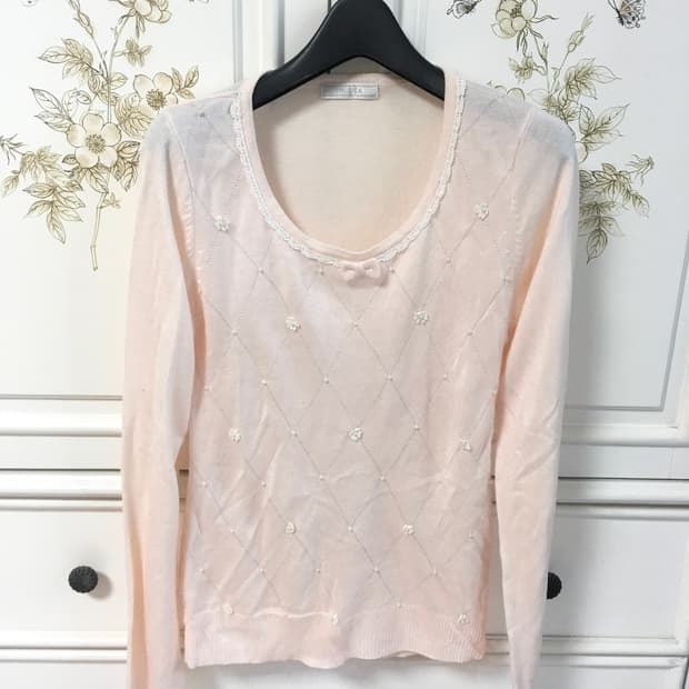 jpn vintage babypink ribbon argyle pearl