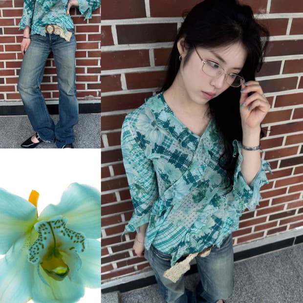 오리엔탈 민트 플라워 블라우스