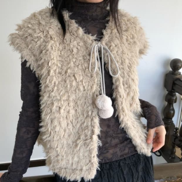 vintage 엔젤 링 폼폼  퍼 가디건 (beige)