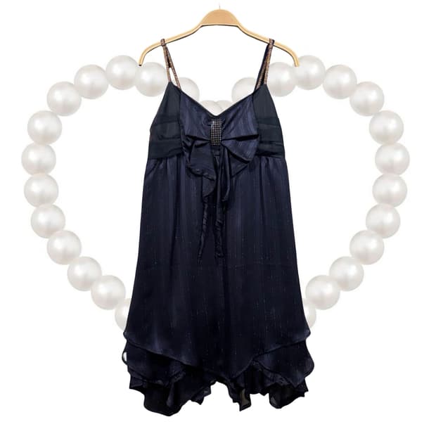 일본 빈티지 네이비 글리터 큐빅 리본 슬립 끈 원피스 갸루