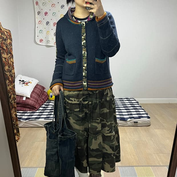 에스닉 카모 후드 니트 가디건