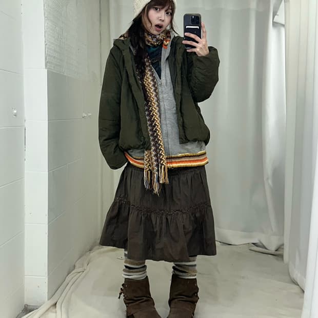 빈티지 히피 모리 카키 패딩 코디세트