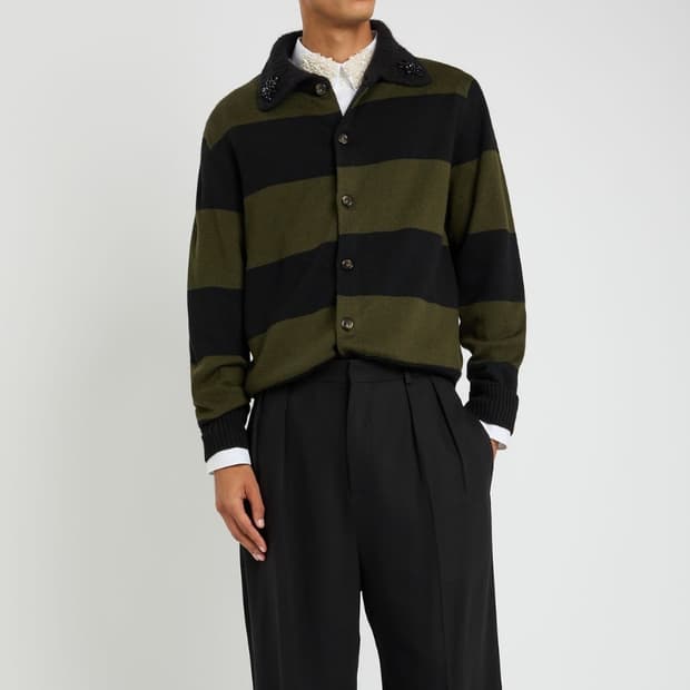 L) 시몬로샤 Fuzzy Collar Striped Cardigan