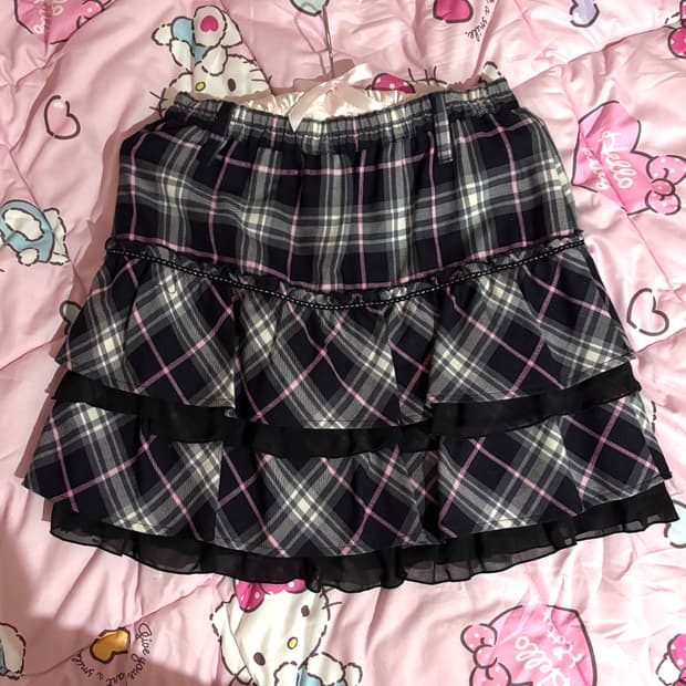 갸루 카라깔 체크 프릴 레이스 스커트