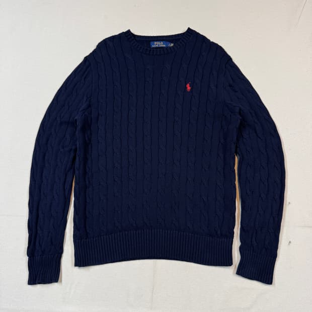L) 폴로 랄프로렌 케이블 꽈배기 라운드넥 니트 네이비