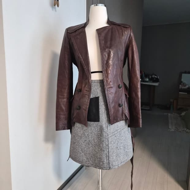 클래식 브라운 리얼 가죽 벨티드 재킷 (다크초콜릿)