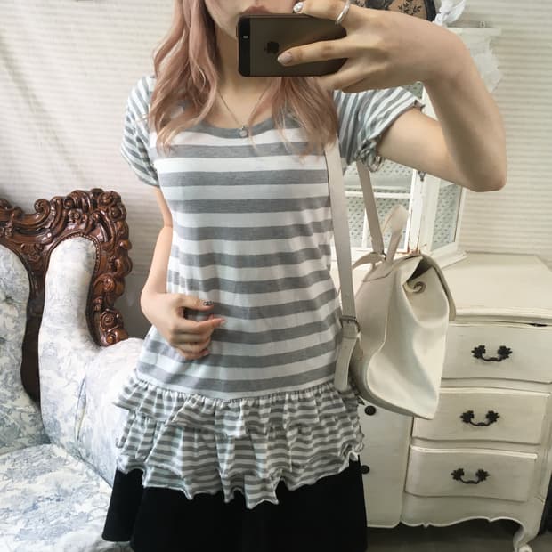 jpn vintage lovely puff stripe frill top