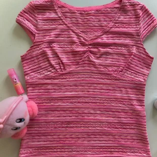 빈티지 핑크 반팔 슬리브 니트 빤짝 반팔 상의 탑