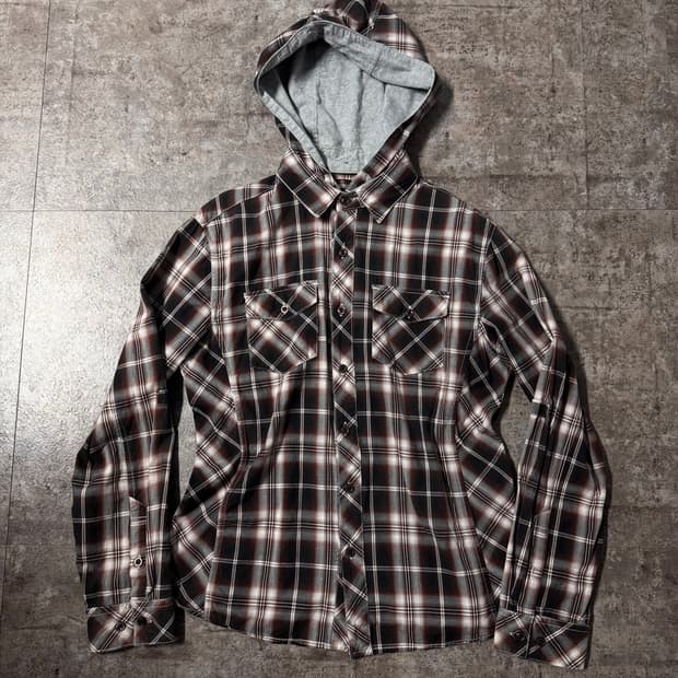 체크 패턴 탈착 후디드 셔츠