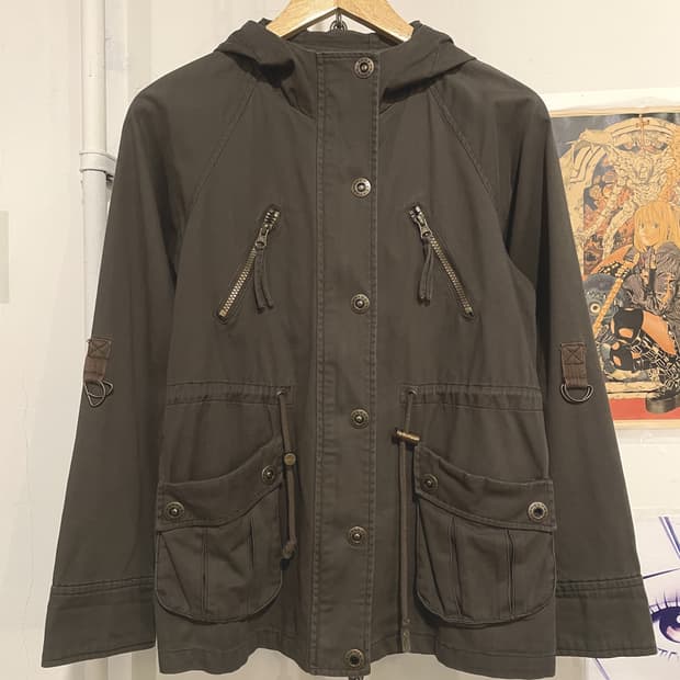 음각 버튼 스트랩 카키 후드 자켓 y2k 밀리터리