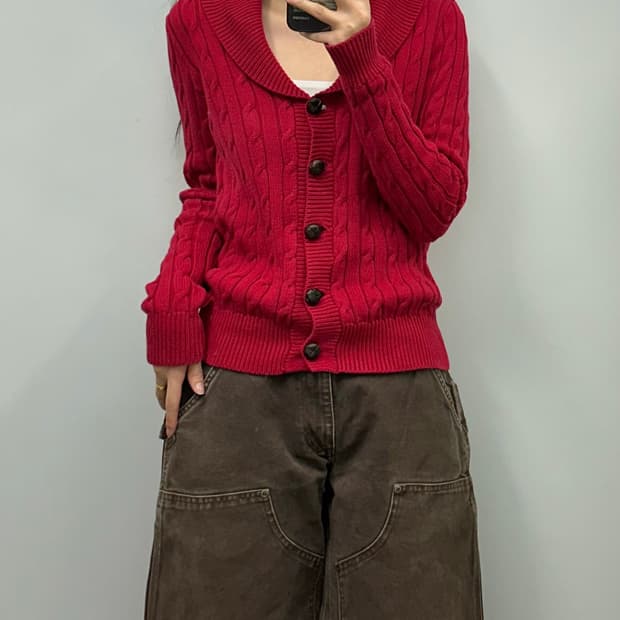 폴로 랄프로렌 숄카라 우드버튼 꽈배기 니트 가디건