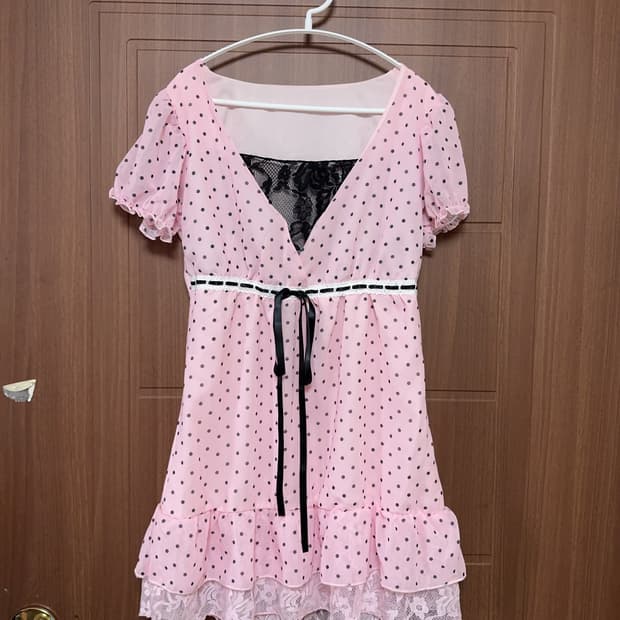 빈티지 오네 갸루 양산형 핑크 도트 레이스 프릴 리본 원피스