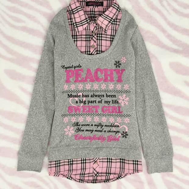 핑크 체크 레이어드 눈꽃 탑 니트 셔츠 로걀탑 갸루 캐캐체 헤이세이