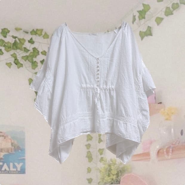 빈티지 화이트 크로셰 반팔 블라우스 판쵸 케이프 판초