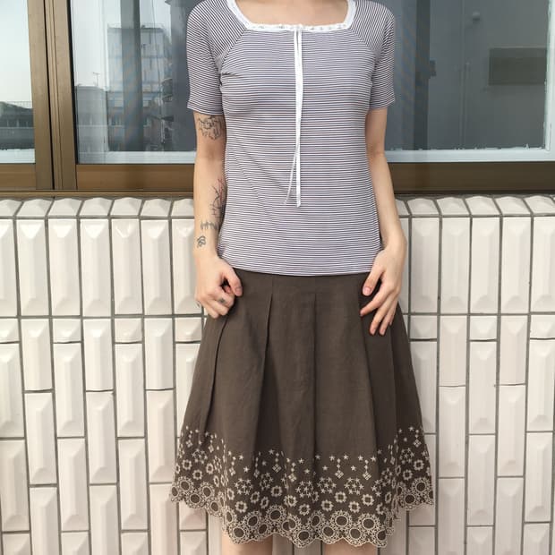 Lace trimming stripe pattern t shirt