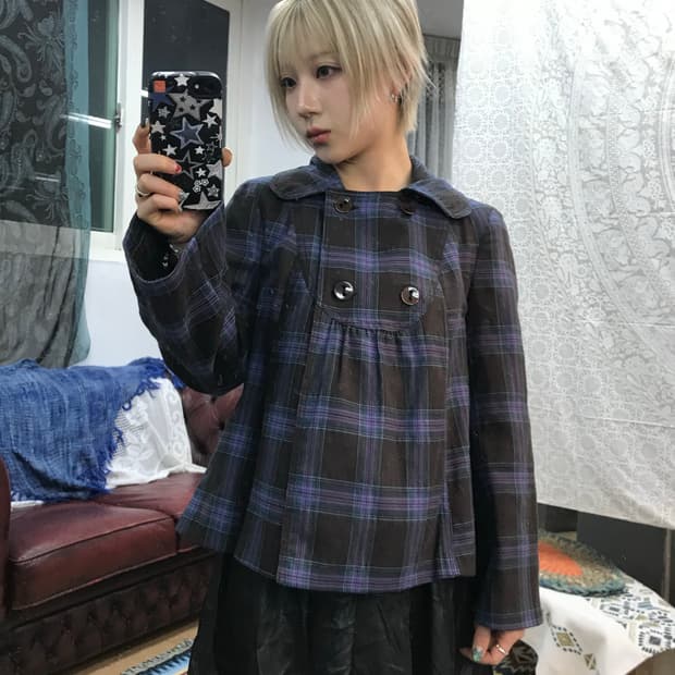 Promod 빈티지 더블버튼 체크 숏 자켓 