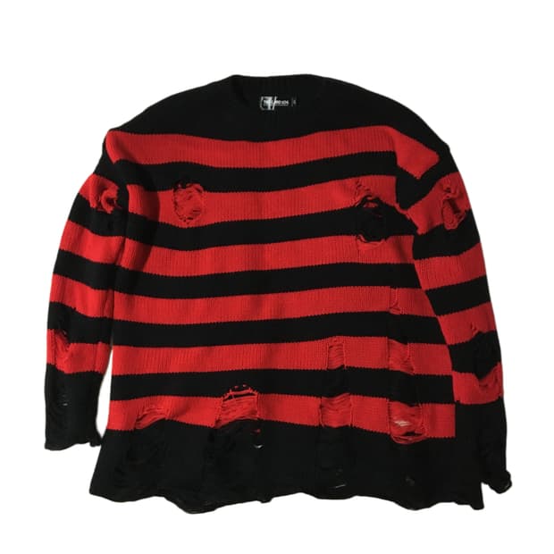 빈티지 고스펑크 그런지 커트코베인 스트라이프 레드 블랙 니트