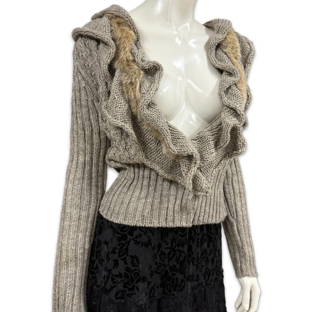 빈티지 베이지 브라운 프릴 크롭 니트